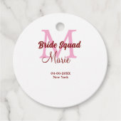 Bruidsquadron naam monogram bruidsmeisje roze datu bedankjes labels (Voorkant)
