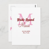 Bruidsquadron naam monogram bruidsmeisje roze datu briefkaart (Voorkant / Achterkant)