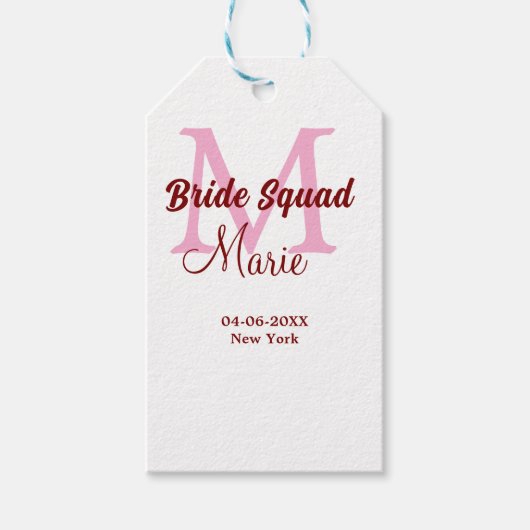 Bruidsquadron naam monogram bruidsmeisje roze datu cadeaulabel (Voorkant)