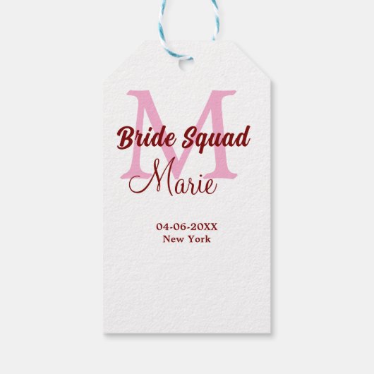 Bruidsquadron naam monogram bruidsmeisje roze datu cadeaulabel (Achterkant)