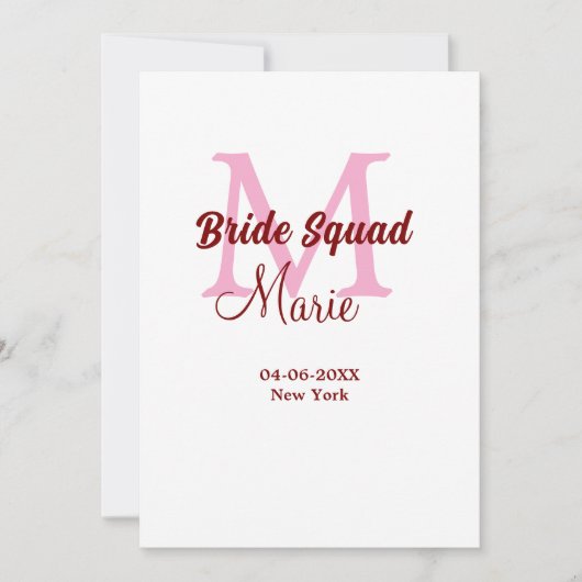 Bruidsquadron naam monogram bruidsmeisje roze datu kaart (Voorkant)
