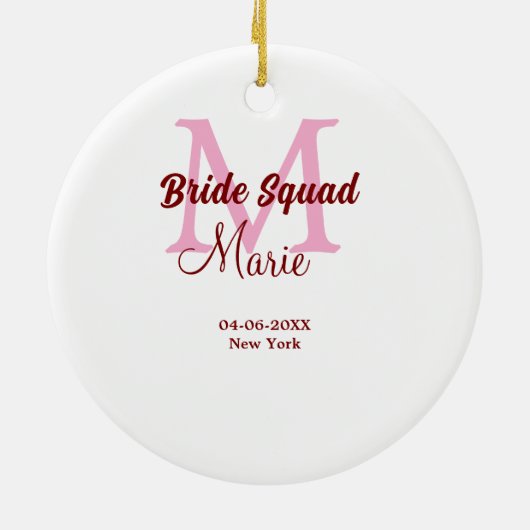 Bruidsquadron naam monogram bruidsmeisje roze datu keramisch ornament (Achterkant)