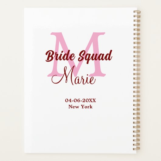 Bruidsquadron naam monogram bruidsmeisje roze datu planner (Achterkant)