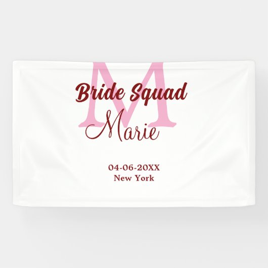 Bruidsquadron naam monogram bruidsmeisje roze datu spandoek (Horizontaal)