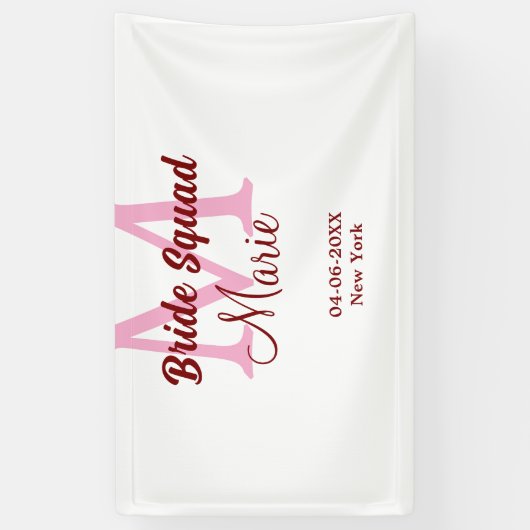 Bruidsquadron naam monogram bruidsmeisje roze datu spandoek (Verticaal)