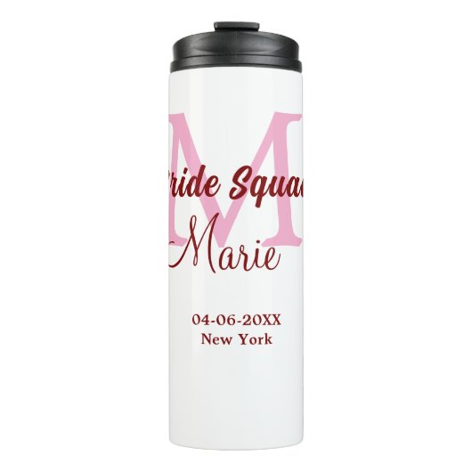 Bruidsquadroniem naam monogram bruidsmeisje roze d thermosbeker (Voorkant)