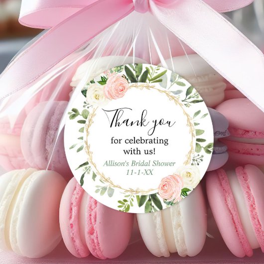 Bruidsshower groen goud roze eucalyptus ronde sticker