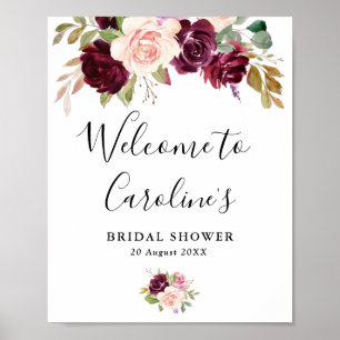 bruidsshower welkomstbord met pruimpaarse bloemen poster