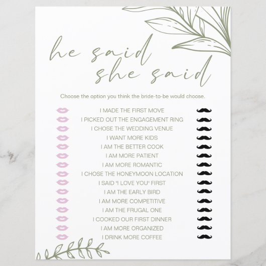 Bruidsspel Hij zei dat ze zei Sage Boho Flowers (Voorkant)