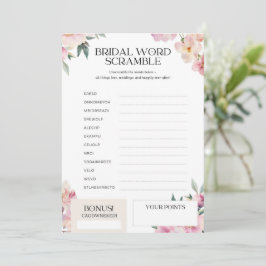 Bruidsspel Woord Door Elkaar Roze Bloemen Kaart