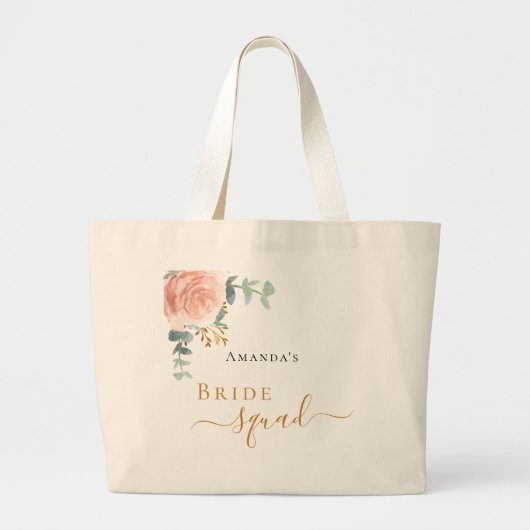 Bruidssquad roze goud bloemige eucalyptus groen grote tote bag (Voorkant)
