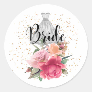 Bruidssticker met bloemmotief en glitterjurk ronde sticker