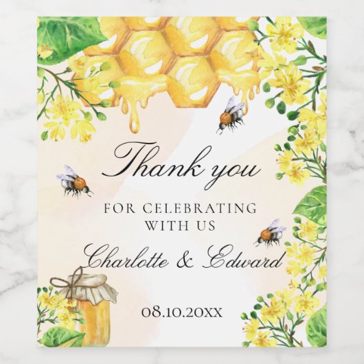 Bruidstaart bijen honing geel bloemen bedankt brui wijn etiket (Enkel label)