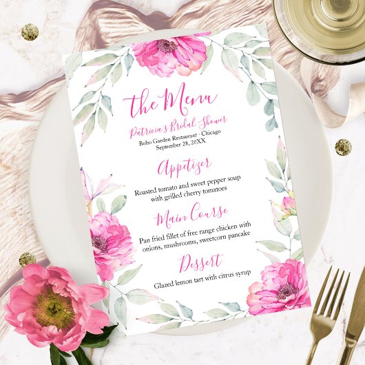 Bruidsuitnodiging Menu Heet Roze Bloemenschilderin Kaart