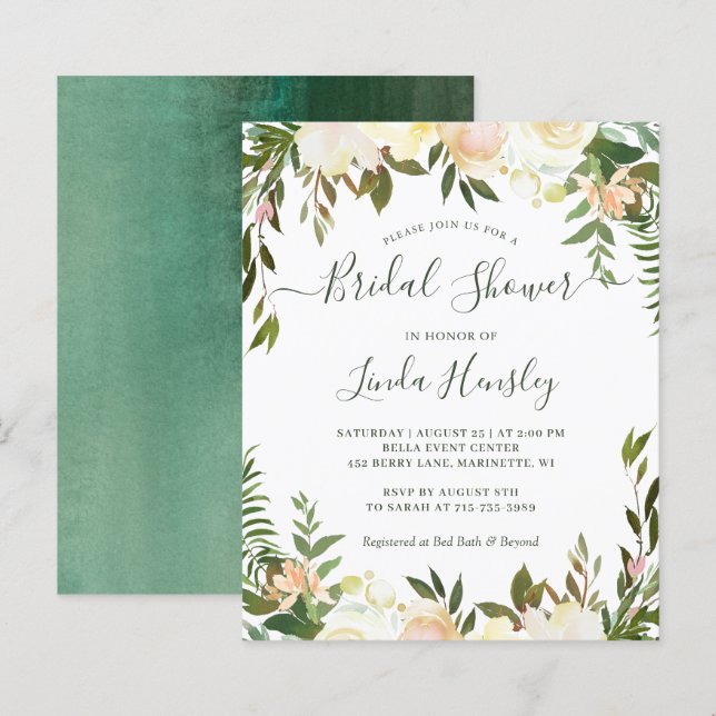 Bruidsuitnodiging met bloemen en groen (Voorkant / Achterkant)