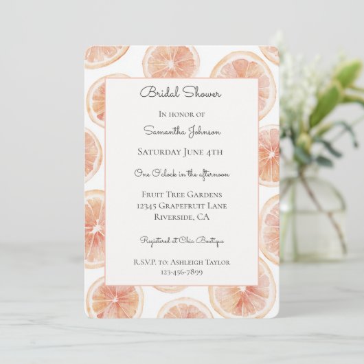 Bruidsuitnodiging met grapefruit thema kaart (Staand voorkant)