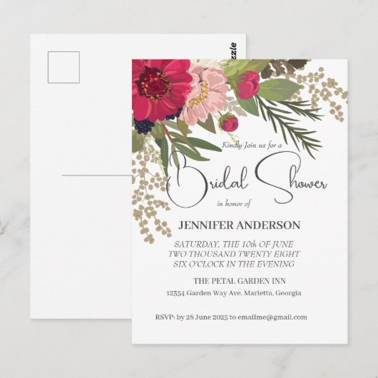 Bruidsuitnodiging met rode en groene bloemen briefkaart (Voorkant / Achterkant)