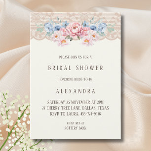 Bruidsuitnodiging met Roze Bloemen en Kant Kaart