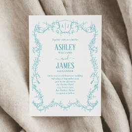 Bruidsuitnodiging met Turquoise Monogram Wapen en Kaart