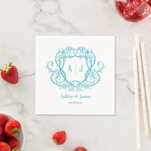 Bruidsuitnodiging met Turquoise Monogram Wapen en Servet