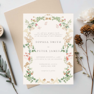 Bruidsuitnodiging met wilde bloemen en landelijke  kaart