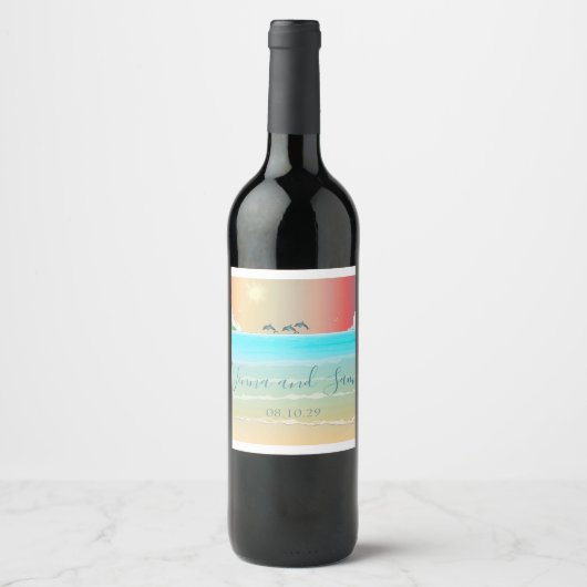 Bruidswijn Fles Etiket met Dolfijnen (Voorkant)
