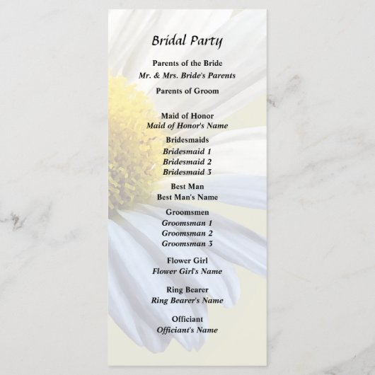 Bruidswinkel Daisy Shadow and Light Programmakaart (Achterkant)