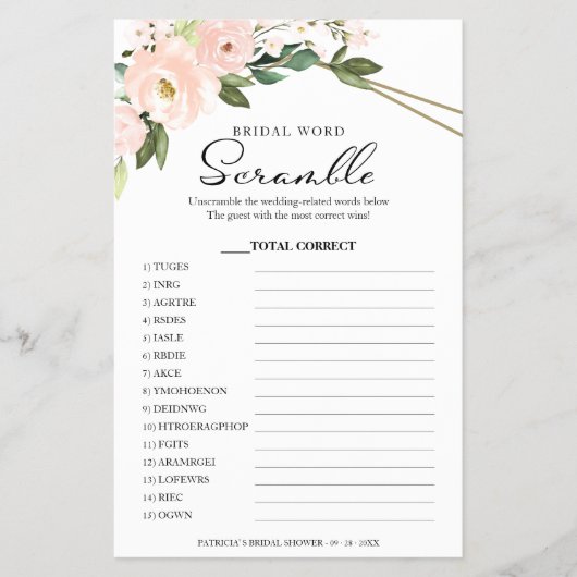Bruidswoord Scramble spel Roze Bloemen spel Flyer (Voorkant)
