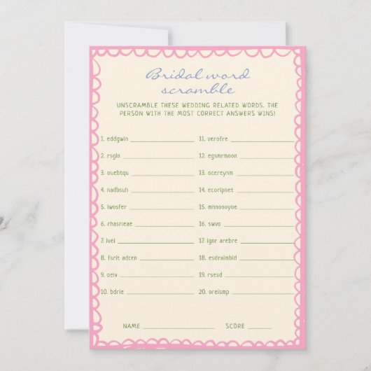 Bruidswoord Scramble Vrijgezellenfeest spel Kaart (Voorkant)
