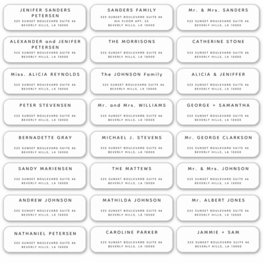 Bruiloft 24 gastadres AFGERONDE witte labels (Voorkant)