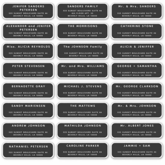 Bruiloft 24 gastadres AFGERONDE zwarte labels (Voorkant)