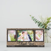 Bruiloft 3 Foto Afbeelding Bronzen Glitter Dank u Bedankkaart (Staand voorkant)