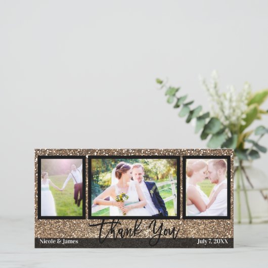 Bruiloft 3 Foto Afbeelding Bronzen Glitter Dank u Bedankkaart (Staand voorkant)