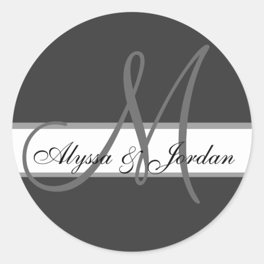 Bruiloft Aangepaste Monogram & Namen Grijze Seal Ronde Sticker (Voorkant)