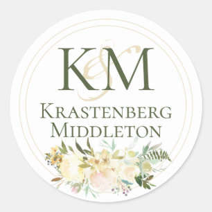 Bruiloft Aangepaste naam Monogram Wit Cream Groen Ronde Sticker