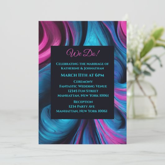 Bruiloft-Abstract Fluid Art-Blue en Roze- Kaart (Staand voorkant)
