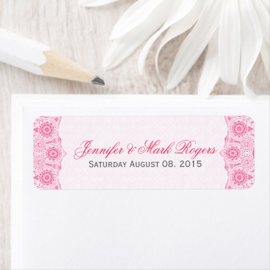 Bruiloft adres Label Roze Kant & Damasks Terug (Insitu)