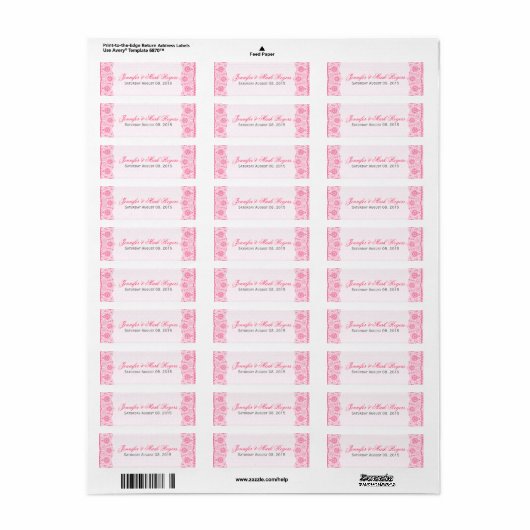 Bruiloft adres Label Roze Kant & Damasks Terug (Full Sheet)