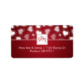 Bruiloft adres Monogram gestippelde harten rood Etiket (Voorkant)