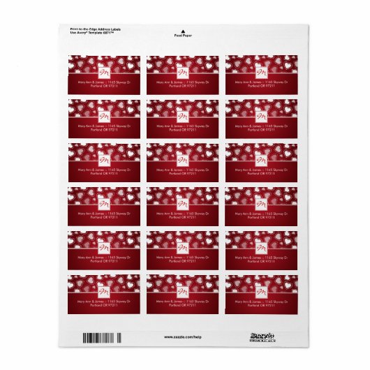 Bruiloft adres Monogram gestippelde harten rood Etiket (Full Sheet)
