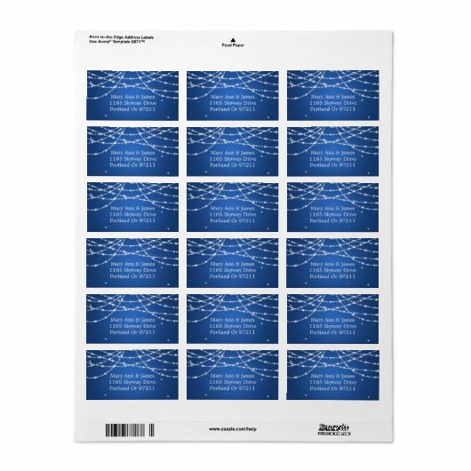Bruiloft adres sprankelende string blauw etiket (Full Sheet)