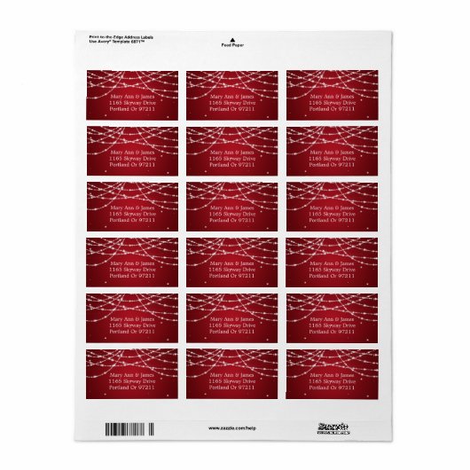 Bruiloft adres sprankelende string rood etiket (Full Sheet)