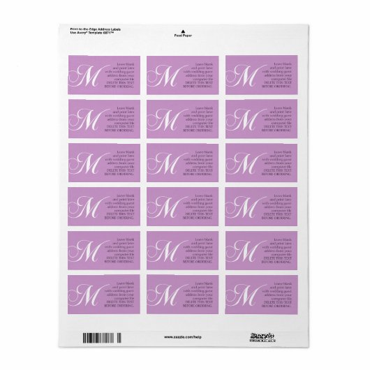 Bruiloft Adresetiketten Monogram M Lila Etiket (Full Sheet)