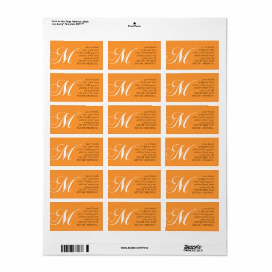 Bruiloft Adresetiketten Monogram M Sinaasappel Etiket (Full Sheet)