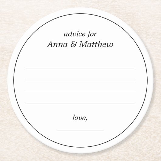 Bruiloft advies Kaarten | Moderne minimalistische  Ronde Kartonnen Onderzetter (Voorkant)