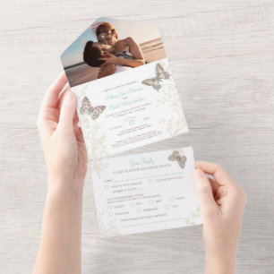 Bruiloft aqua bruine vlinders foto maaltijd RSVP All In One Uitnodiging