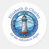 Bruiloft Avontuur Vuurtoren Zeilen Nautisch Ronde Sticker (Voorkant)