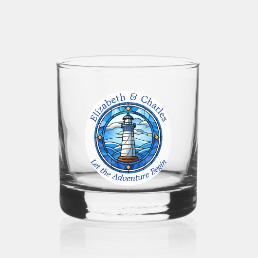 Bruiloft Avontuur Vuurtoren Zeilen Nautisch Whisky Glas (Voorkant)