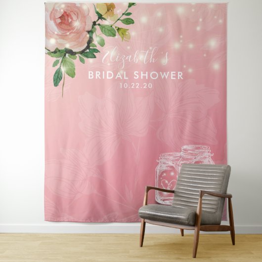 Bruiloft Backdrop Bloemrijke Mason Jar Lichten Wandkleed (In situ)