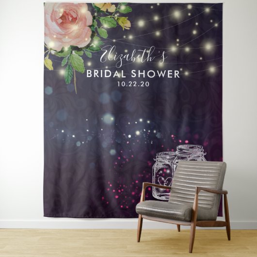 Bruiloft Backdrop Bloemrijke Mason Jar Lichten Wandkleed (In situ)